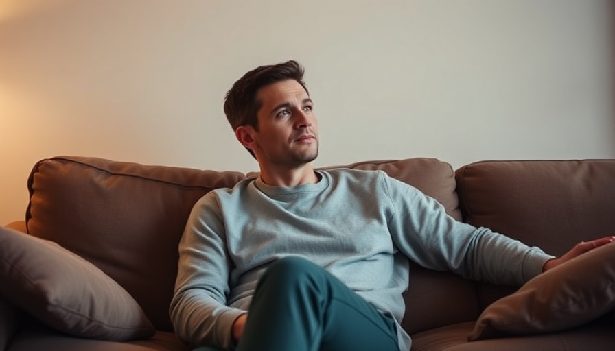A person sitting on a comfortable couch, looking thoughtful, with soft, warm lighting and a calming color palette.