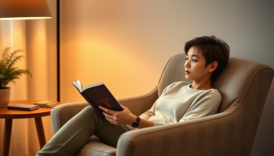 calm lifestyle photography, a person sitting in a comfortable chair with a book, soft warm lighting, serene mood.