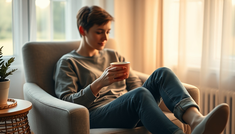 calm lifestyle photography, a person sitting in a comfortable chair with a cup of tea, soft warm lighting, serene mood.