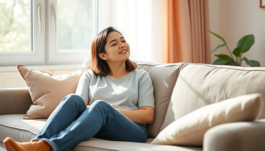 A person sitting comfortably on a couch, looking relaxed and peaceful, with soft natural light streaming in through a wi
