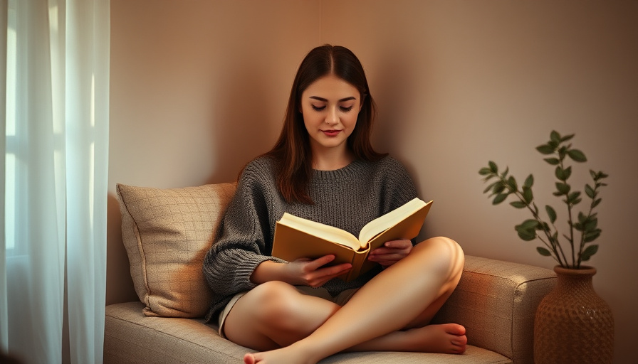 calm lifestyle photography, woman sitting peacefully in a cozy corner with a book, soft warm lighting, serene mood. No t