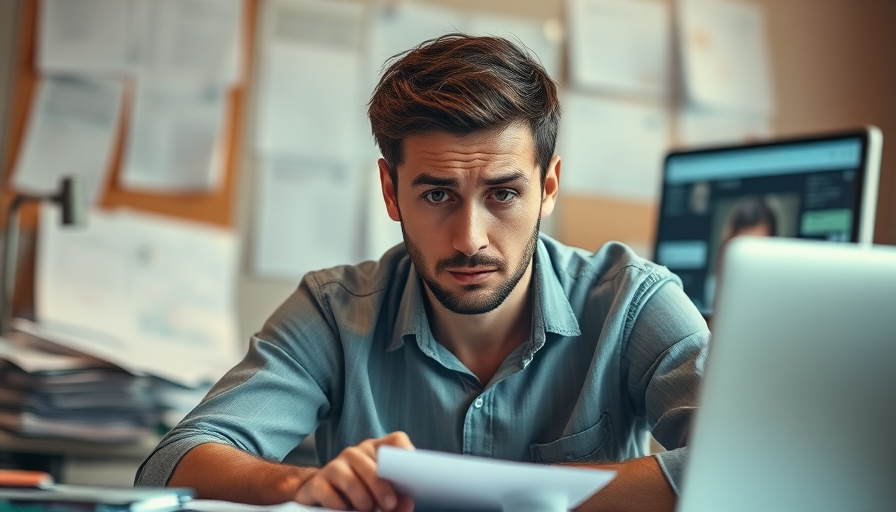 A person sitting at a desk, looking stressed and overwhelmed, with a blurred background of papers and a computer screen.