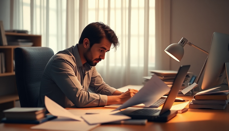 A person sitting at a desk, looking stressed, with papers scattered around. Soft warm lighting, serene mood. No text, no