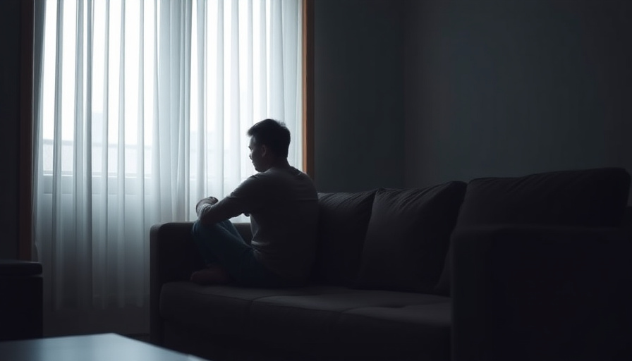 Una persona sentada sola en un sofá, mirando pensativamente por la ventana, con una luz tenue que se filtra a través de las persianas. Tranquila, serena.
