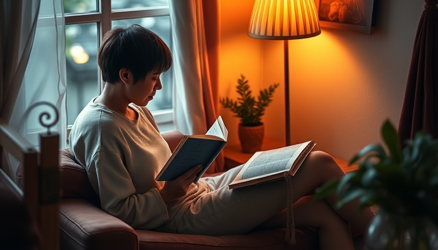A person sitting in a cozy corner of a room, reading a book with a cup of tea, soft warm lighting, serene mood.