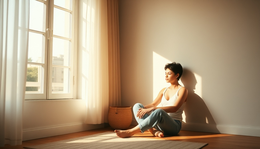 calm lifestyle photography, a person sitting peacefully in a quiet space, sunlight streaming through a window, soft warm