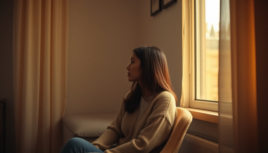 calm lifestyle photography, woman sitting alone in a cozy room, soft warm lighting, serene mood. She is looking out a wi