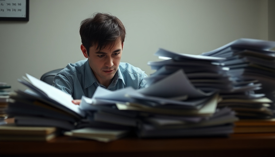 A person sitting at a desk, looking overwhelmed by a pile of papers, with a subtle, soft light illuminating their face. 