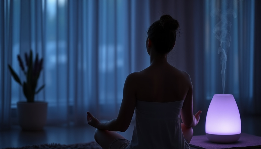 A person meditating in a dimly lit room, with a diffuser emitting lavender scent.