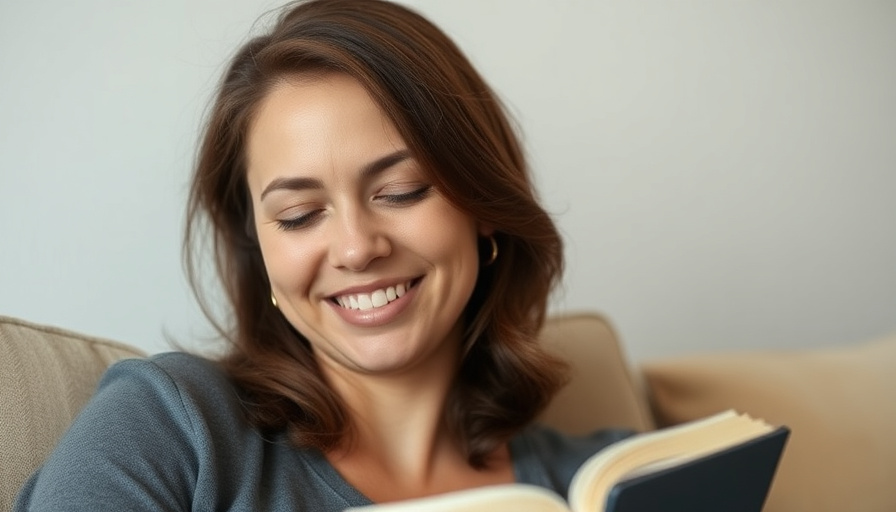 Una persona con aspecto tranquilo y satisfecho, con una suave sonrisa, después de pasar un tiempo reflexionando en un diario. Suave, difuso.