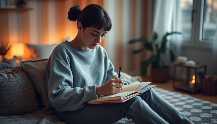 calm lifestyle photography, a person sitting peacefully with a notebook and pen in a cozy, softly lit room, soft warm li
