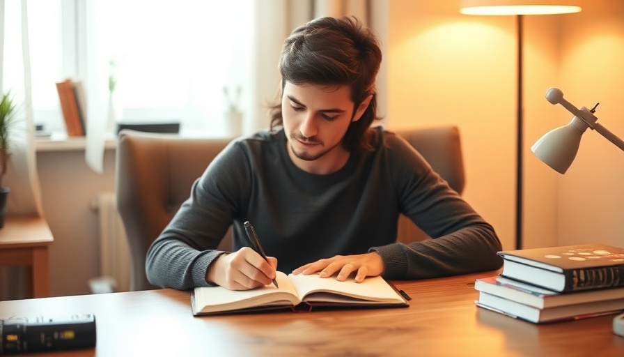 Una persona sentada cómodamente en un escritorio, escribiendo en un diario con expresión pensativa. Iluminación cálida y suave, serena en