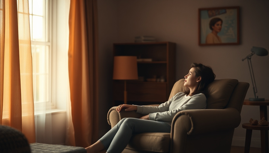 Una habitación acogedora y con iluminación tenue, con una persona sentada en una silla cómoda, mirando pensativamente por la ventana. Colores cálidos y apagados.