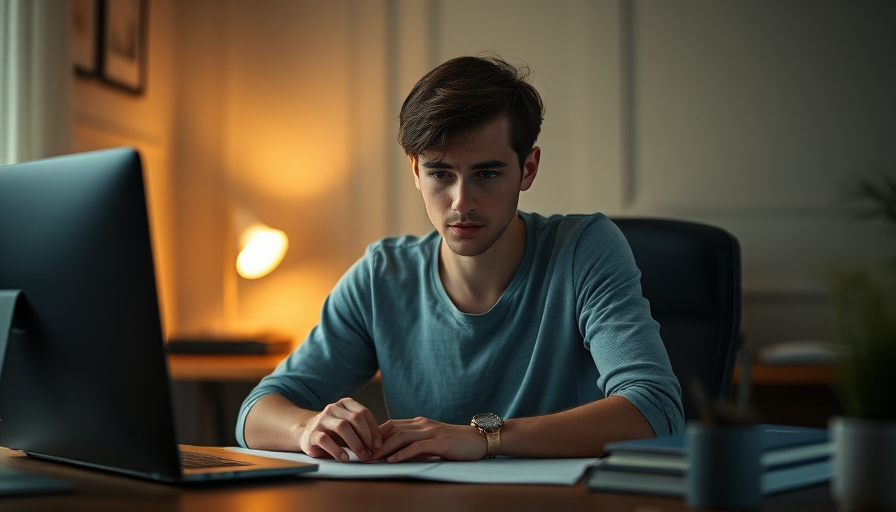 calm lifestyle photography, a person sitting at a desk looking slightly overwhelmed, soft warm lighting, serene mood. No