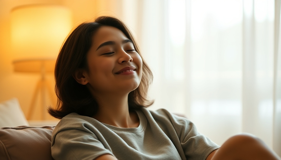 calm lifestyle photography, a person sitting peacefully in a softly lit room, eyes closed, gentle smile, soft warm light
