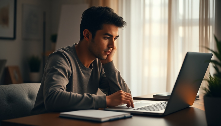 calm lifestyle photography, a person looking thoughtfully at a desk with a laptop and notebook, soft warm lighting, sere