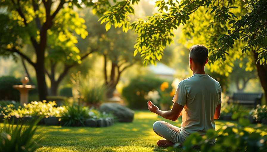 A person meditating in a peaceful garden, soft sunlight filtering through the leaves, serene atmosphere.