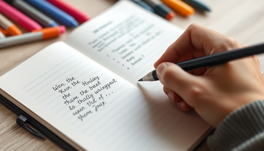Primer plano de una mano escribiendo en un cuaderno, con varios bolígrafos y marcadores de colores cerca. Enfoque en el acto de escribir y