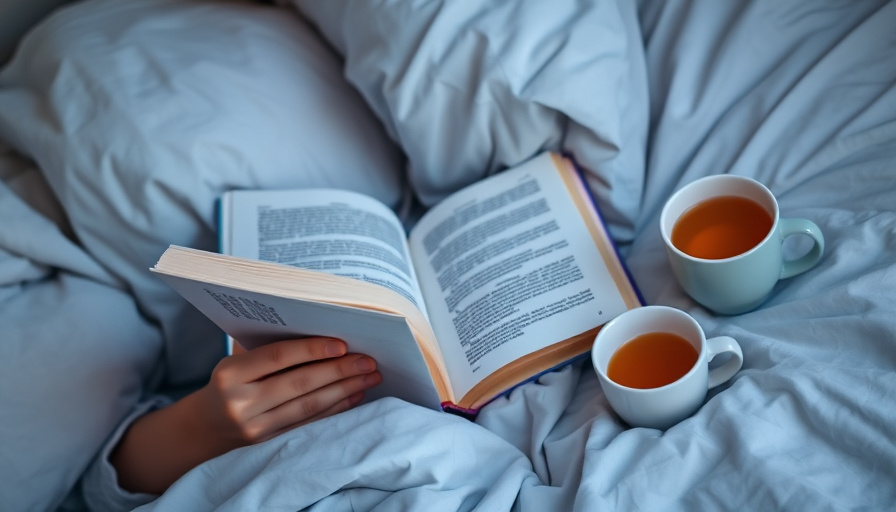 A person reading a book in bed, with a warm cup of tea beside them.