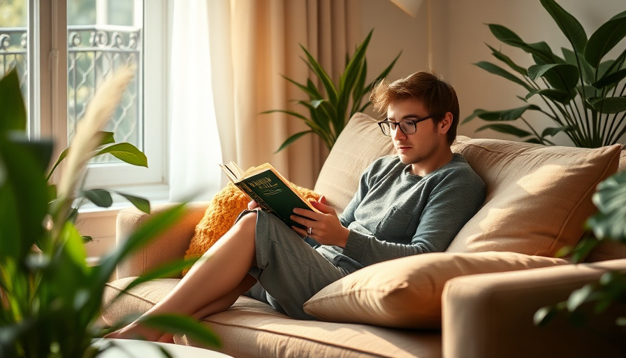 A person sitting comfortably on a cozy couch, reading a book in soft lighting, surrounded by plants. Calm and peaceful a
