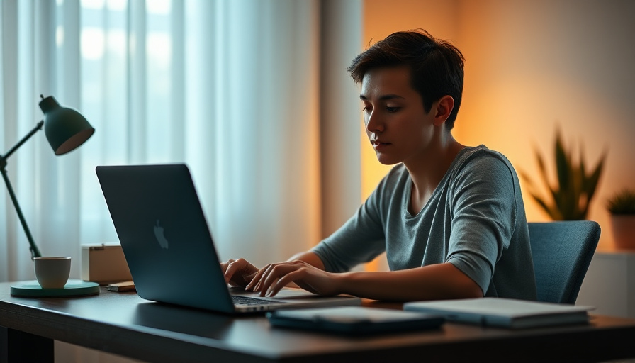 calm lifestyle photography, person sitting at a desk with a laptop, soft warm lighting, serene mood, focus on concentrat