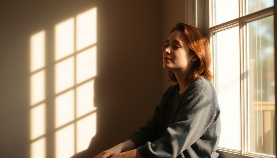 calm lifestyle photography, a person sitting by a window with soft sunlight, looking peaceful and contemplative, warm co