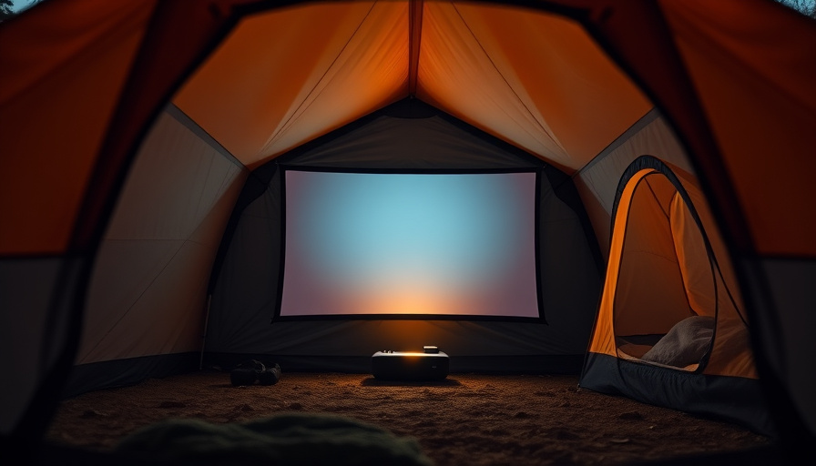A cozy camping scene at dusk, with a LG 스탠바이미 Go projecting a movie onto a tent wall. Soft, warm lighting, focus on the 