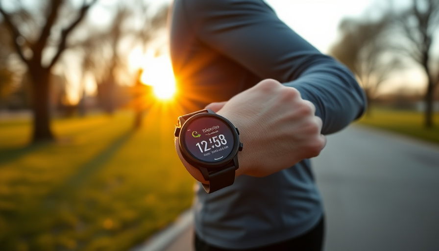 A person wearing a smartwatch while jogging in a park during sunrise. The focus is on the smartwatch display showing fit