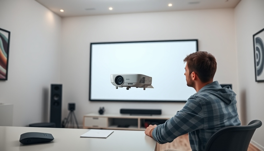 A person setting up a projector in a home theater, with a projector, screen, and soundbar visible. Modern workspace phot