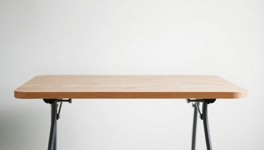 Minimal desk, a close-up shot of a compact and foldable camping table, highlighting its portability.