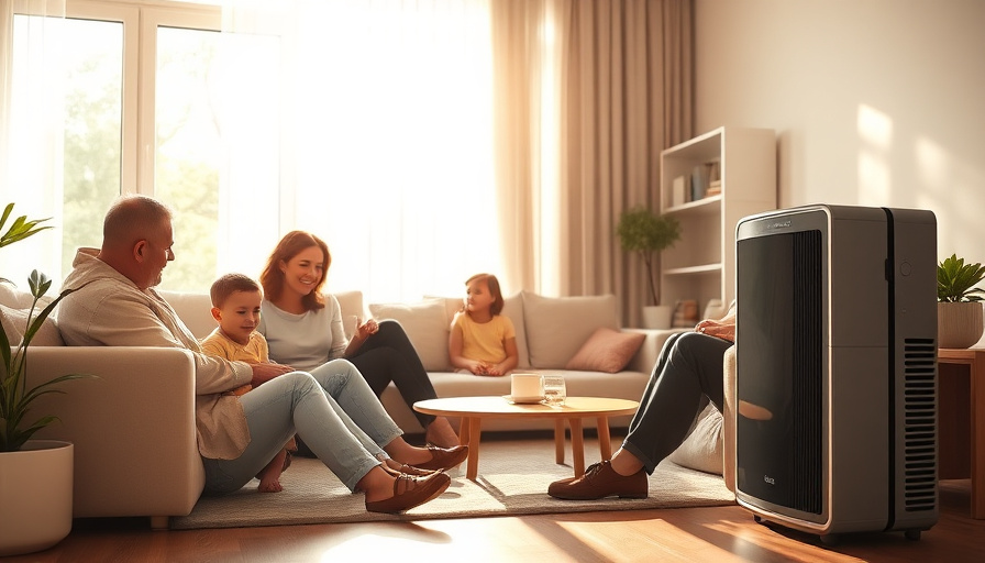 modern living room with a family, sunlight streaming through the window, a sleek air purifier subtly placed in the backg