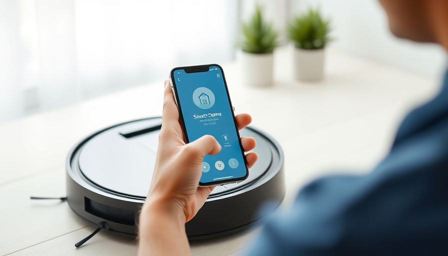 A person interacting with a robot vacuum cleaner app on their smartphone, showcasing the ease of control and smart home 