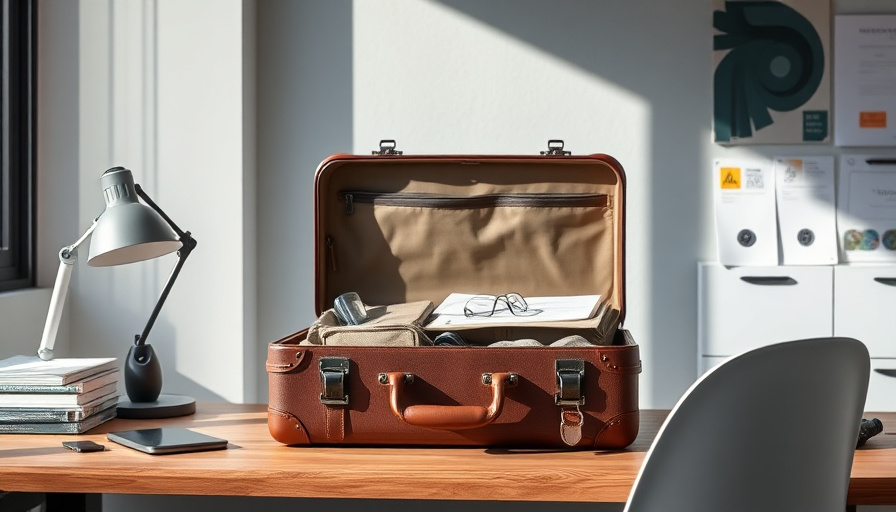 Modern workspace photography, a stylish suitcase on a wooden desk, natural lighting, partially open to show interior org