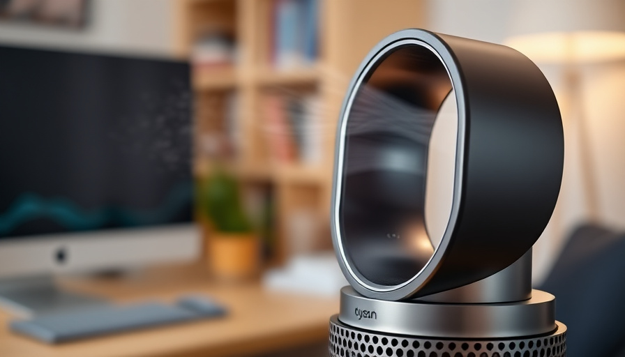 A close-up shot of a Dyson Purifier Cool device in operation, showcasing its sleek design and air flow, a blurred backgr