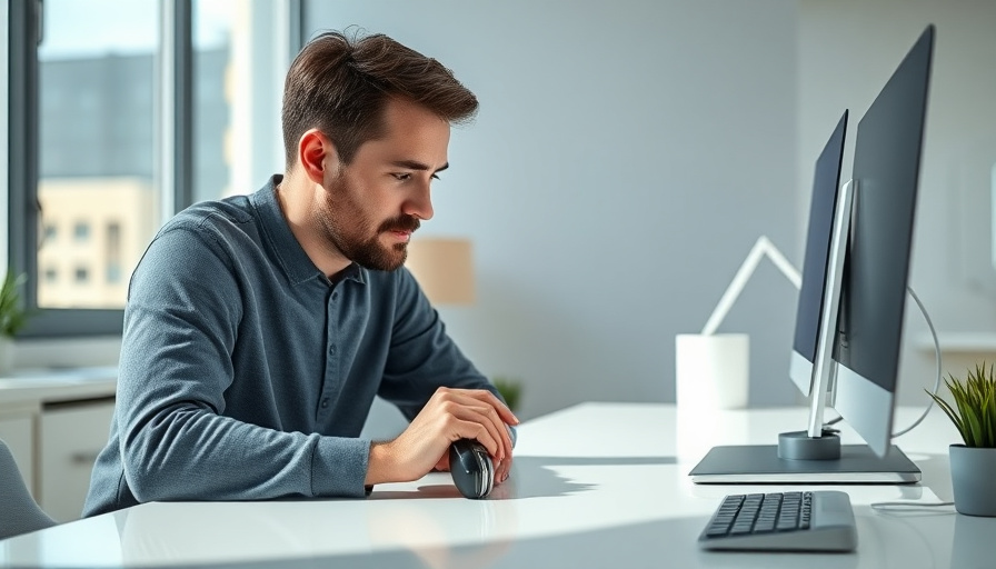 A well-lit modern workspace with a man in his 30s looking at a Philips 9000 Prestige shaver on a clean desk. Minimalist 
