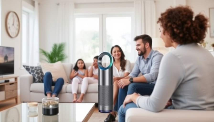 A family in a bright, airy living room, with a Dyson Purifier Hot+Cool device subtly integrated into the decor, conveyin