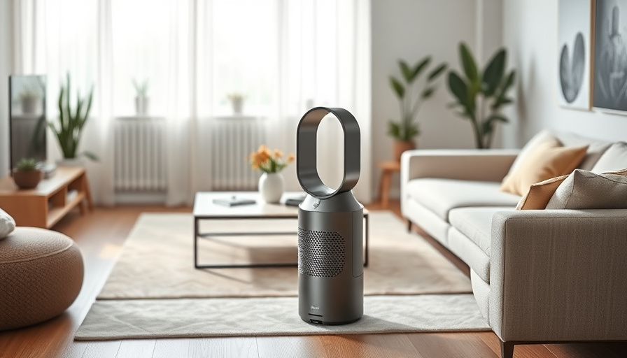 A modern living room with a Dyson Purifier Hot+Cool device prominently displayed, soft natural lighting, minimalist deco