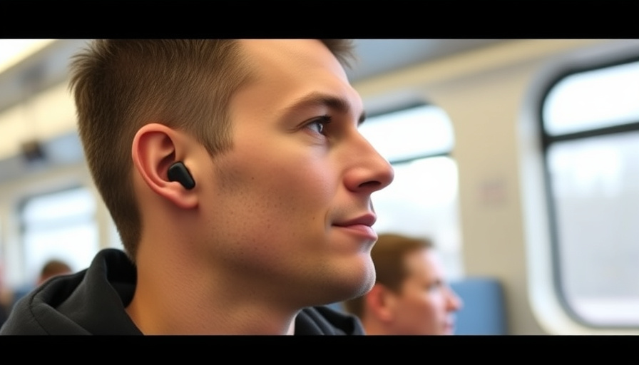 A person wearing Sony WF-1000XM5 earbuds on a train, looking relaxed and focused. Soft, natural lighting.