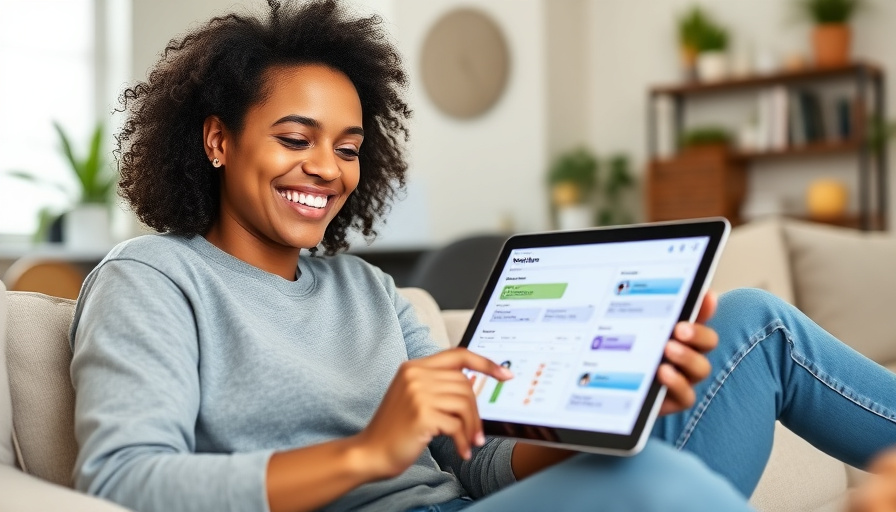 Eine Person lächelt, während sie Notion auf einem Tablet nutzt und ein Projekt-Dashboard erstellt. Ungezwungene Homeoffice-Atmosphäre, konzentriert und professionell.
