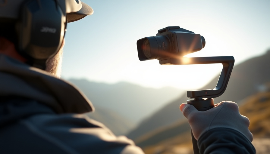 A person filming an outdoor adventure with a DJI Osmo Action 5 Pro, sunny day, mountain backdrop, cinematic shot.