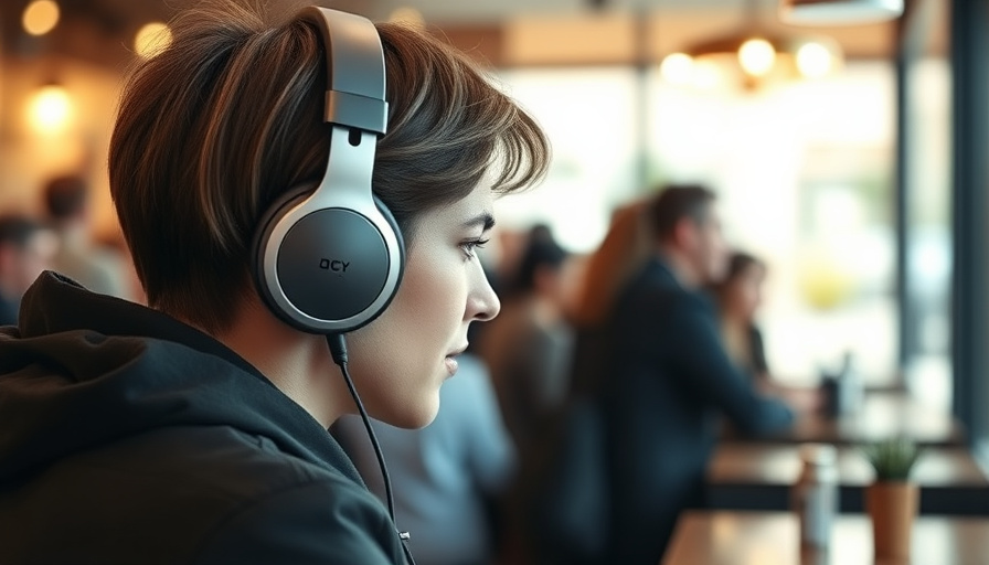 A person wearing QCY HT19 멜로버즈 N60 headphones in a busy coffee shop, focusing on their music. Soft, natural lighting, sh