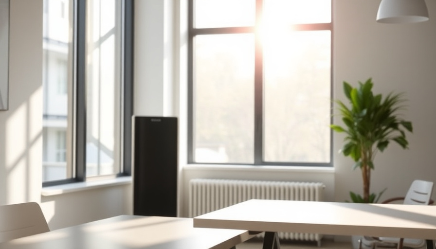 modern workspace photography, clean office, sunlight streaming through windows, a sleek air purifier subtly placed in th