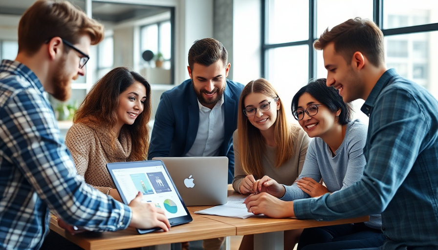 modern workspace photography, diverse team collaborating around a laptop displaying design tools, natural lighting.