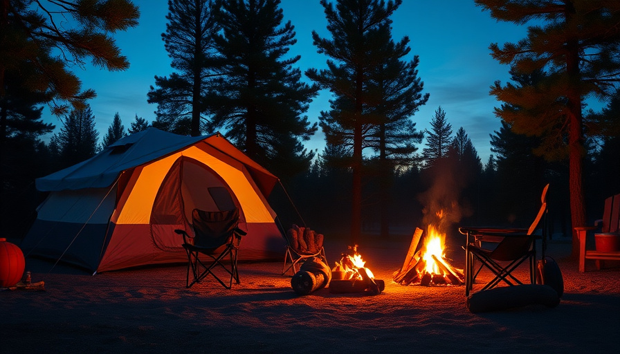 A cozy campsite at dusk with a tent, camping chairs, and a campfire, warm lighting, inviting atmosphere.