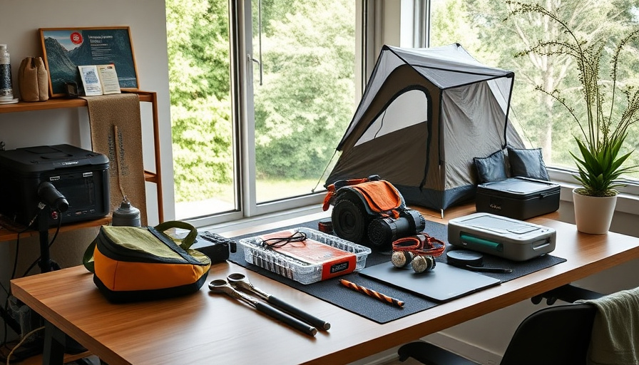 Modern workspace photography, a camping table and camping gear neatly arranged on a desk, natural lighting.
