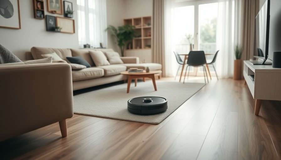 A modern living room with a robot vacuum cleaner in action, capturing the essence of a busy household.  Natural lighting