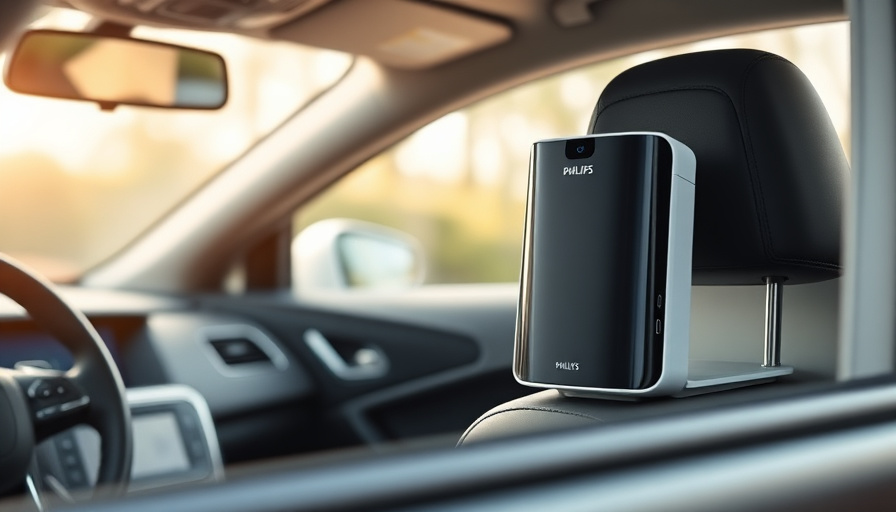 A modern car interior with a Philips GoPure S3601 air purifier subtly placed on the dashboard, highlighting the clean ai