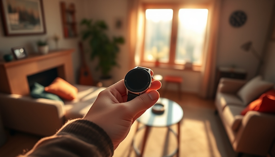 A cozy living room setting with a person holding a Samsung Galaxy Watch 7, sunlight streaming through a window, warm and