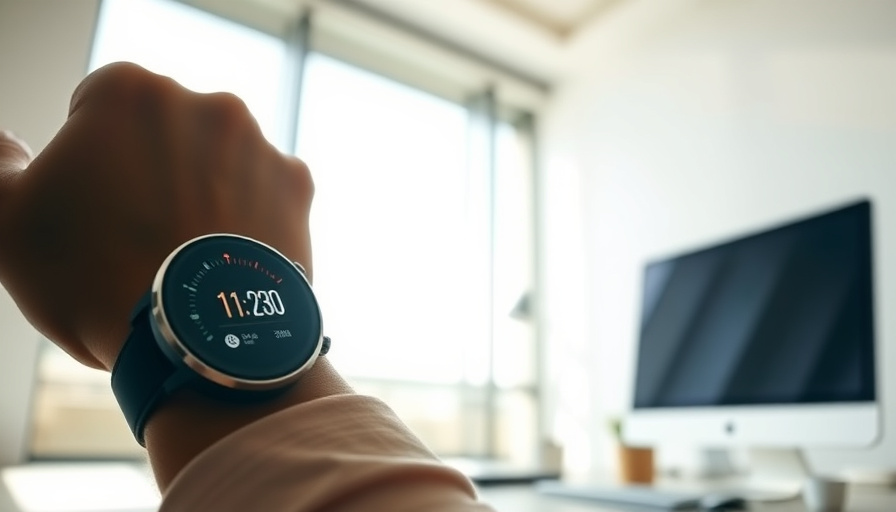 A modern workspace with a person wearing a smartwatch, sunlight streaming through a window. The focus is on the smartwat