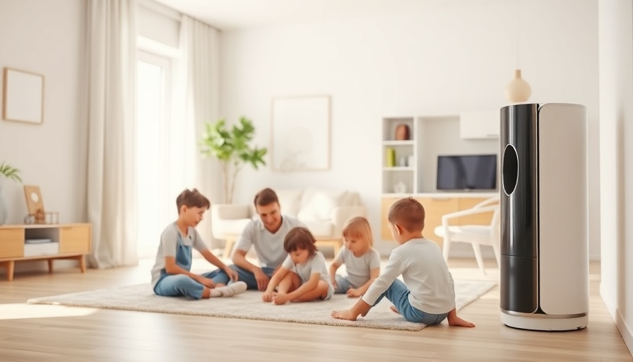 A bright, airy living room with a family playing on the floor. A sleek air purifier sits discreetly in the corner, moder